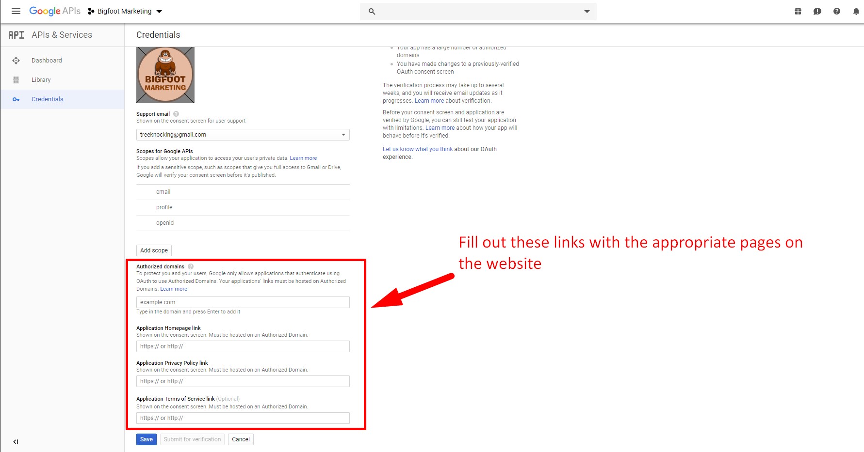 Step 21. Fill out the OAuth consent screen with your domain and links to pages